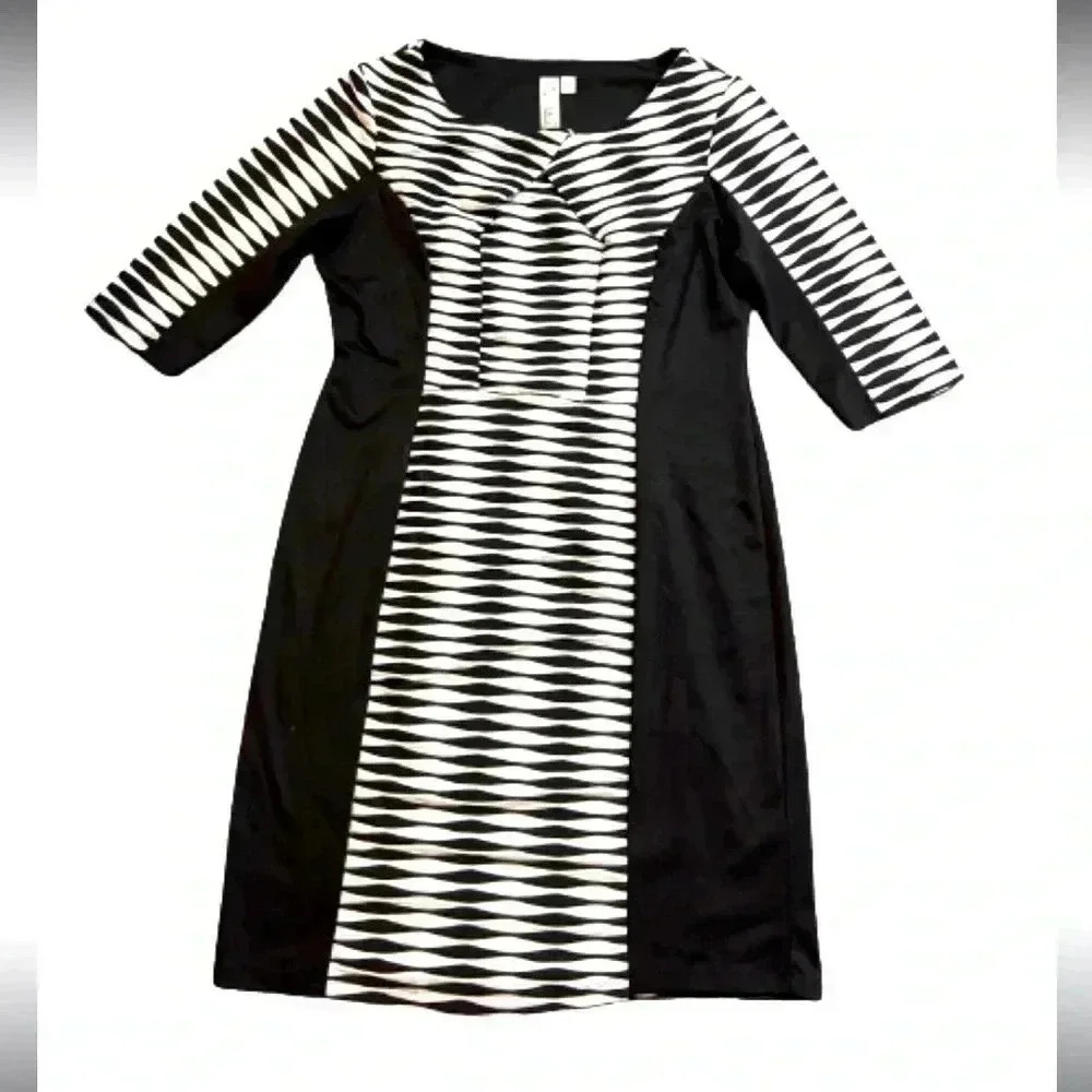 EMMA & MICHELE BLACK AND WHITE MIDI DRESS COLOR‎ BLOCK STRETCH SIZE 12